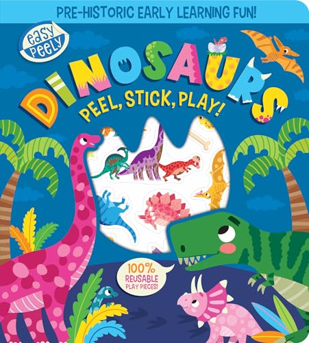 Colorful dinosaurs on removable stickers, arranged on a sheet or board for kids.