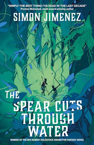 Book with dark or muted cover, possibly featuring a spear or water design element.