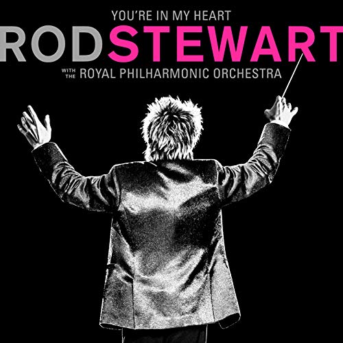 Rod Stewart conducting with orchestra, album cover in black and white.