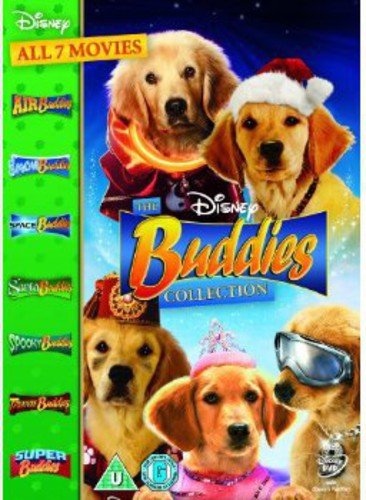 DVD cover featuring golden retriever puppies in costumes, with movie titles listed.