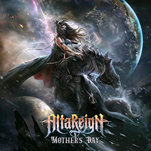 Fantasy album cover: armored woman riding a horse against a cosmic background.