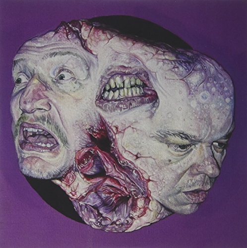 Distorted, fragmented faces in shades of purple and pink against a dark background.
