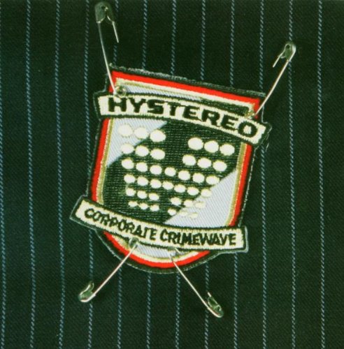 Embroidered patch with band name "Hystereo" and safety pins on striped fabric.