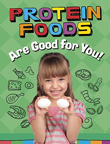 Book cover with a girl holding eggs and protein food illustrations.