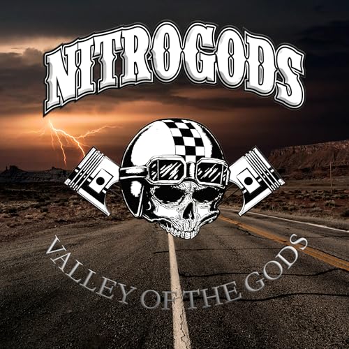 Nitrogods album cover: skull with motorcycle helmet against desert landscape.