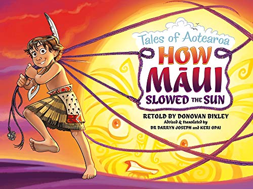 Book cover: Maui with ropes, slowing a large, bright sun.