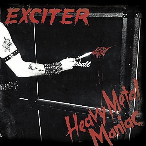 Album cover: arm with knife writing “Heavy Metal Maniac” in blood.