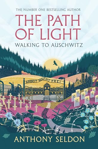 Book cover illustration showing the Auschwitz gate, a cemetery, and a sunrise over forest.