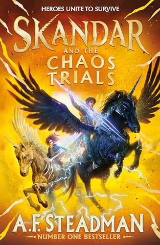Book cover featuring two riders on winged unicorns against a bright orange lightning background.