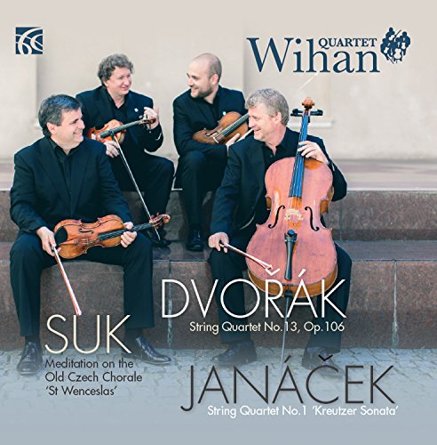 String quartet Wihan performing, album cover featuring musicians and composers’ names.