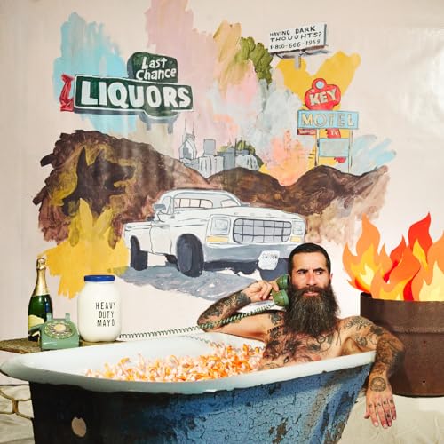 Bearded man in a clawfoot tub filled with shrimp, painted backdrop.
