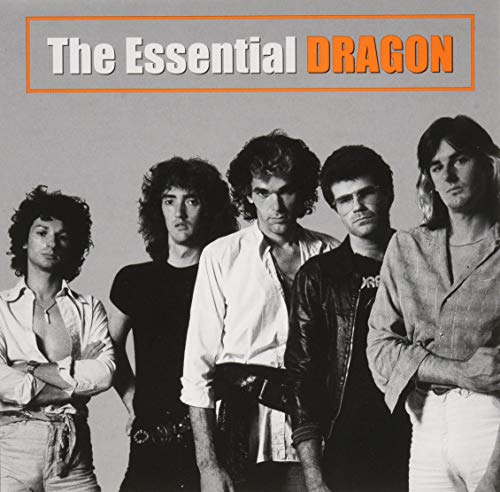 Black and white photo of four men, album cover for Dragon’s “Essential.”
