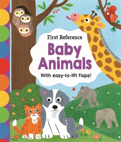 Children's book cover featuring a giraffe, puppy, kitten, owls, and baby elephants.
