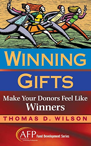 Book cover: “Winning Gifts” with illustration of people running forward.