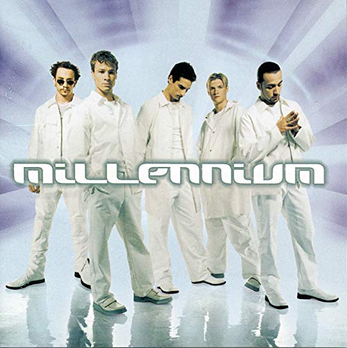 Backstreet Boys “Millennium” album cover featuring five men in white suits.