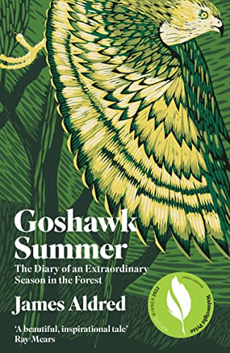 Book cover featuring a stylized illustration of a goshawk flying over a green forest.