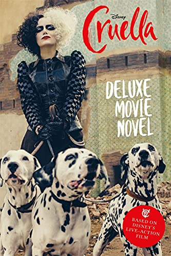 Cruella de Vil with her black and white hair stands with three spotted Dalmatians.