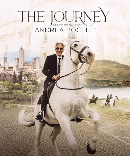 Andrea Bocelli on a white horse with a Tuscan landscape backdrop.