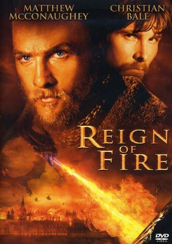 Reign of Fire" DVD cover featuring Matthew McConaughey and Christian Bale, with a dragon.