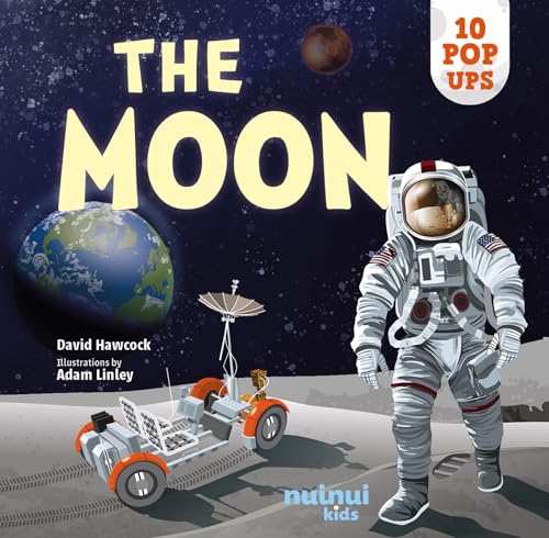 Book cover: astronaut, lunar rover, Earth, and the moon with pop-ups.
