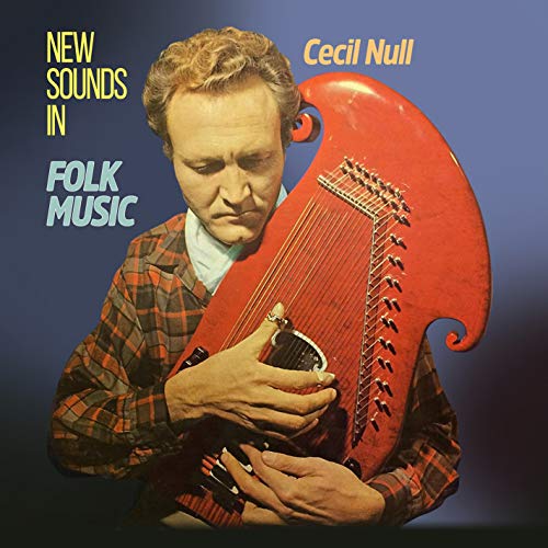 Cecil Null with a red, uniquely shaped harp-like instrument.