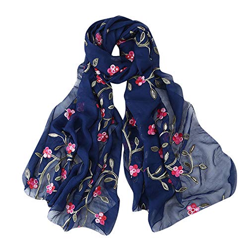 Dark blue floral embroidered sheer scarf, casually draped on white background.