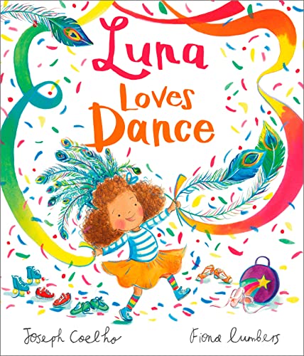 A young girl with curly hair dancing amidst colorful confetti and peacock feathers.