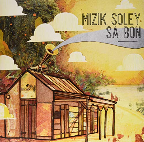 Painted record cover with a small house, gramophone, and clouds.