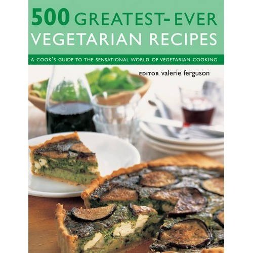 Cookbook cover featuring vegetarian quiche and salad, titled “500 Greatest-ever Vegetarian Recipes”.