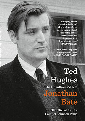 Black and white portrait of Ted Hughes, book cover with orange title.