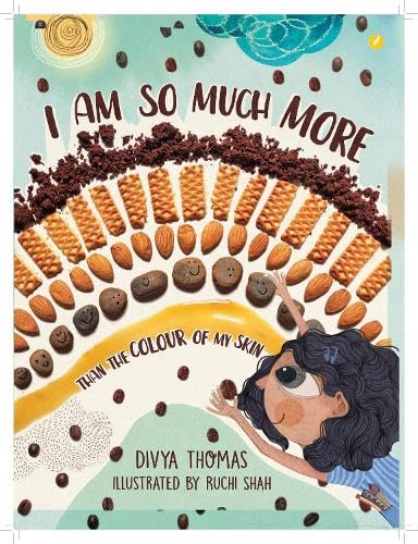 Book cover with diverse food collage and a girl holding a coffee bean.