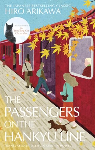 Book cover illustration showing people boarding a red train with autumn leaves falling.