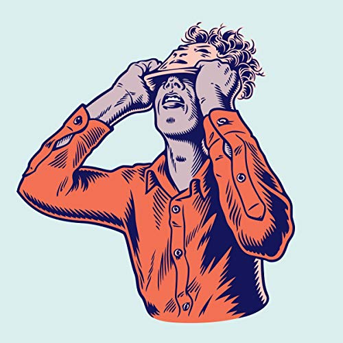 Illustration of a man with hands to head, wearing a mask.