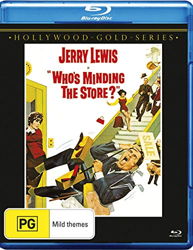 Blu-ray cover for "Who's Minding The Store?" featuring Jerry Lewis in a chaotic scene.