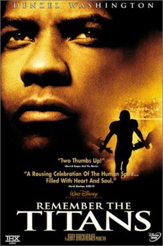 “Remember the Titans” DVD cover featuring Denzel Washington and a football player.