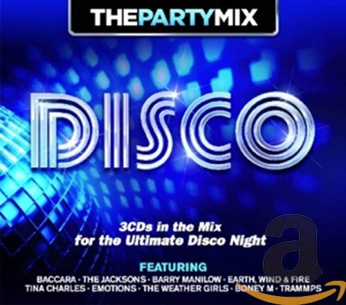 CD cover for "Party Mix - Disco" with silver lettering and blue background.
