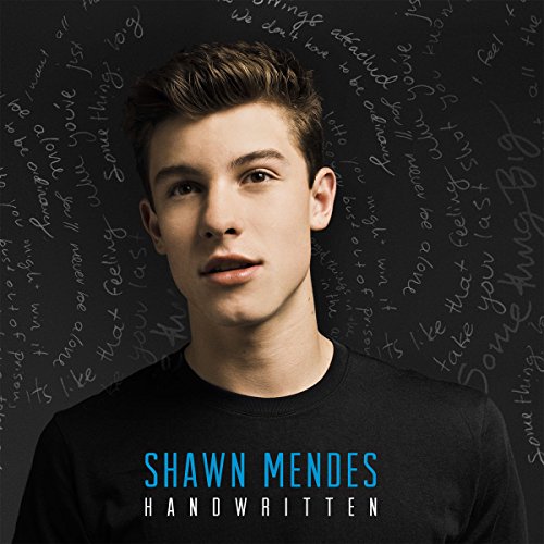 Shawn Mendes portrait with handwritten text background, album cover for “Handwritten”.