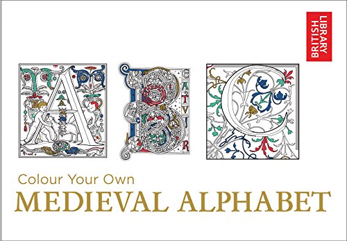 Three detailed, uncolored medieval illuminated letter designs and book title.