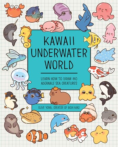 Colorful sea creatures surround book title on a grid background.