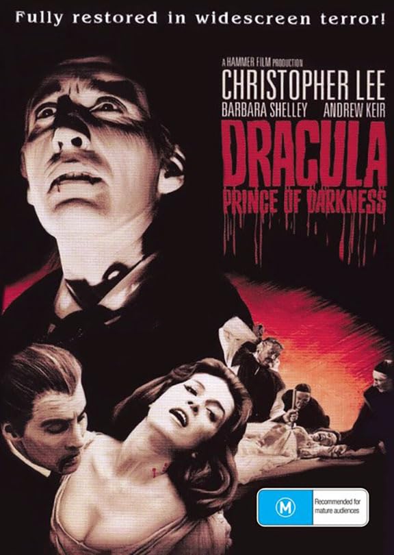 Dracula movie poster featuring Christopher Lee as the vampire, with other figures.