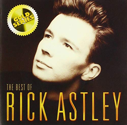 Rick Astley’s portrait on “The Best Of” CD cover with a gold series seal.