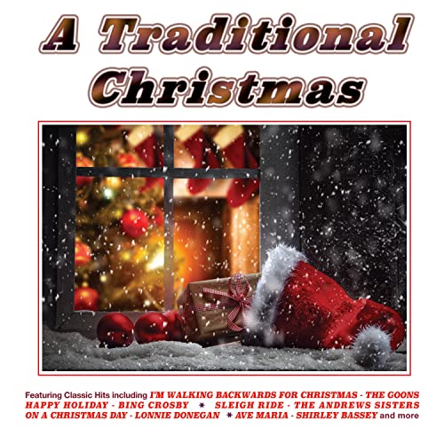 CD cover for “A Traditional Christmas” with snowy window scene and gifts.