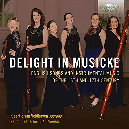 CD cover featuring six musicians with recorders, text “Delight In Musicke”.