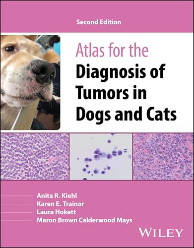 Book cover: veterinary tumor diagnosis atlas with dog image and microscopic slides.