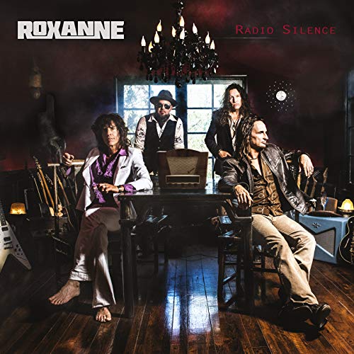 Album cover for Roxanne's Radio Silence featuring four musicians in a dark room.
