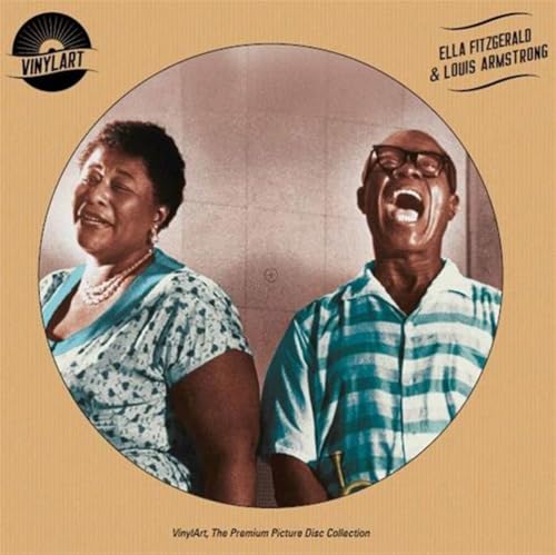 Ella Fitzgerald and Louis Armstrong in a circular portrait on vinyl packaging.