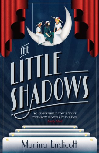 Book cover: three women on a crescent moon, red curtains framing.