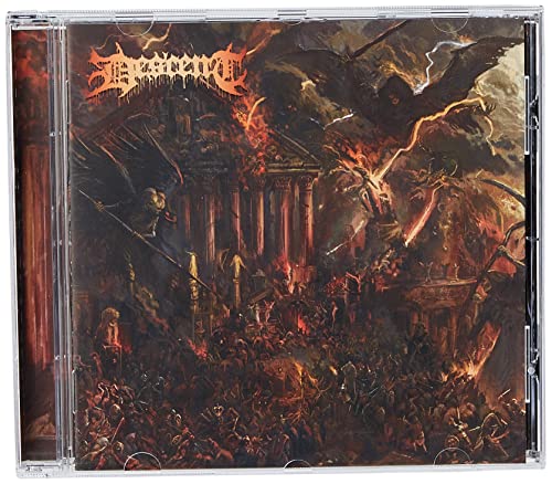 Dark fantasy album artwork with a burning building and a chaotic crowd.