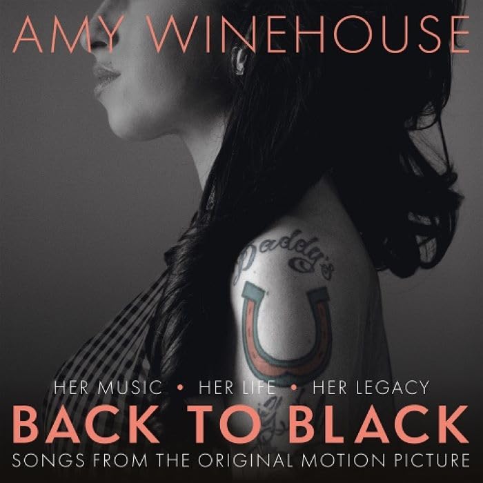 Amy Winehouse album cover, “Back To Black”, featuring her portrait and tattoo.