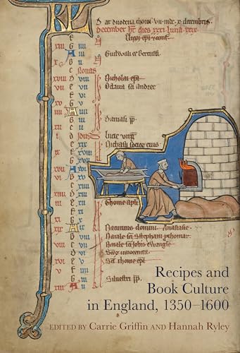Medieval manuscript page depicting cooking, with book title overlayed.